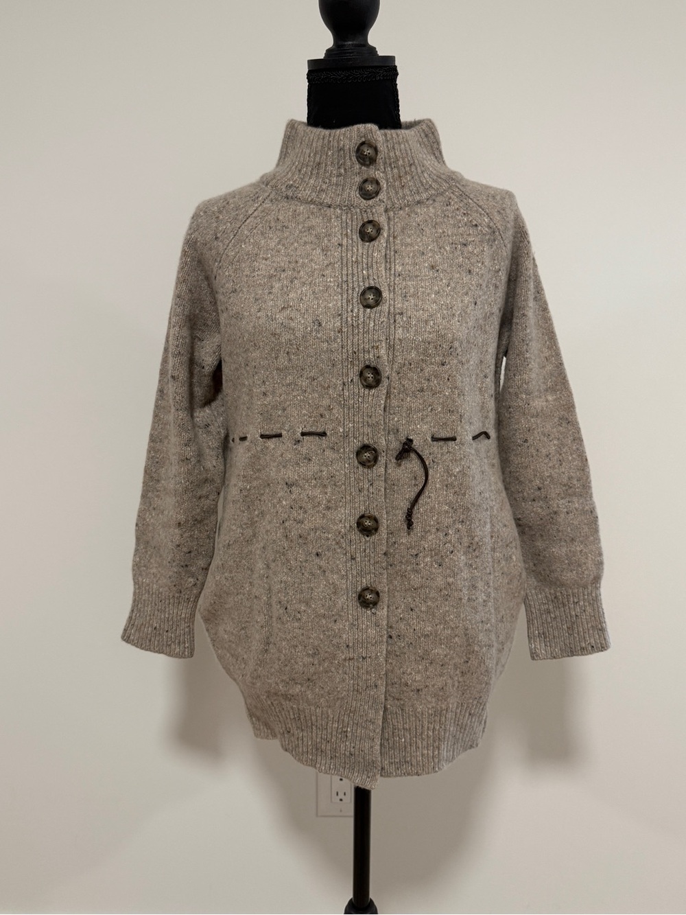 Vintage Max Mara Wool Cashmere Cardigan Jacket Size M Beige Leather Cinch Waist